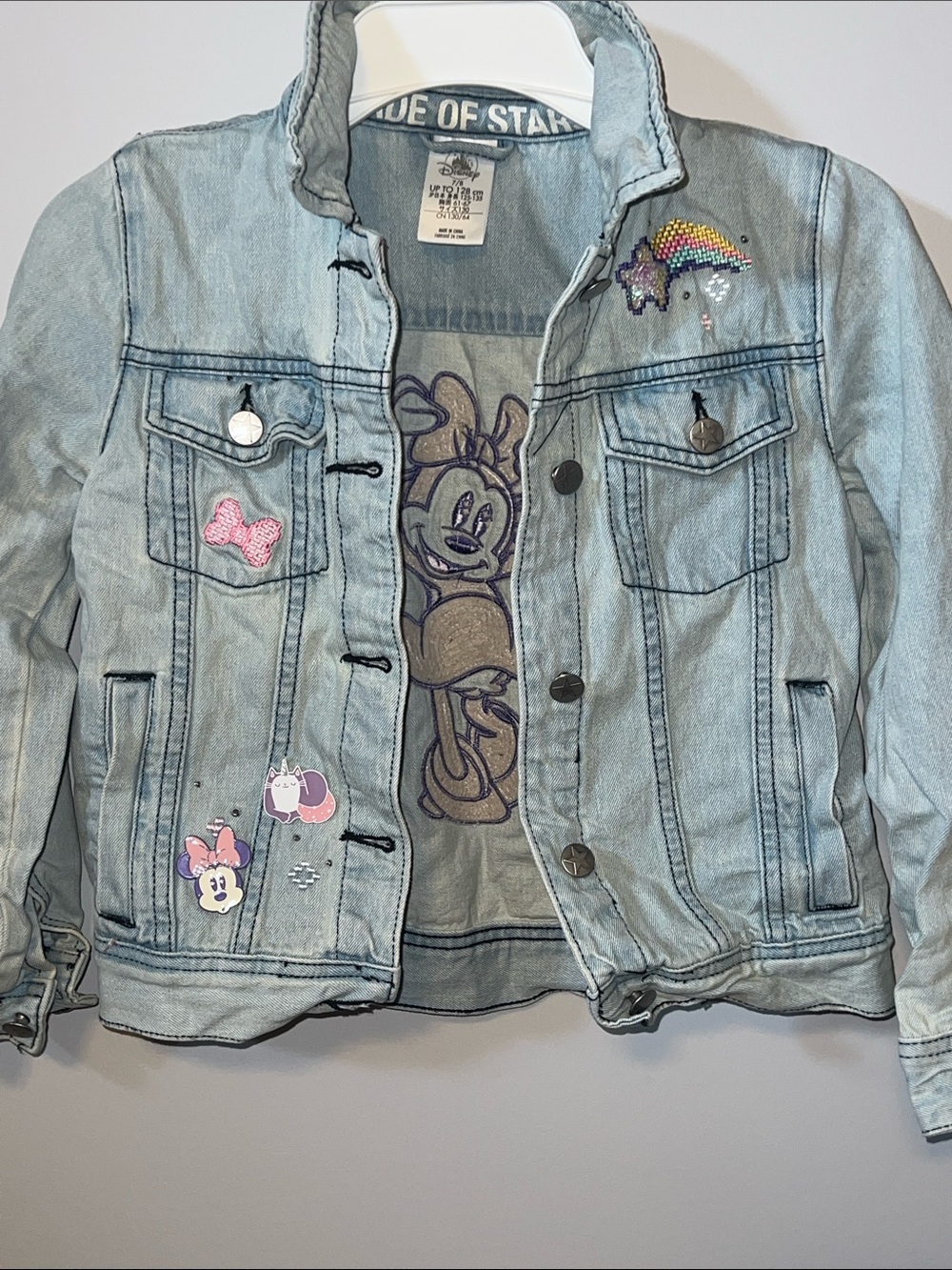 Disney Light Wash Denim Kids' Jacket with Embroidered Minnie Accents and Pins